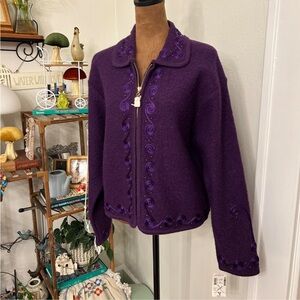 Lisa International purple wool zipper sweater w swirl & beaded embellishments
